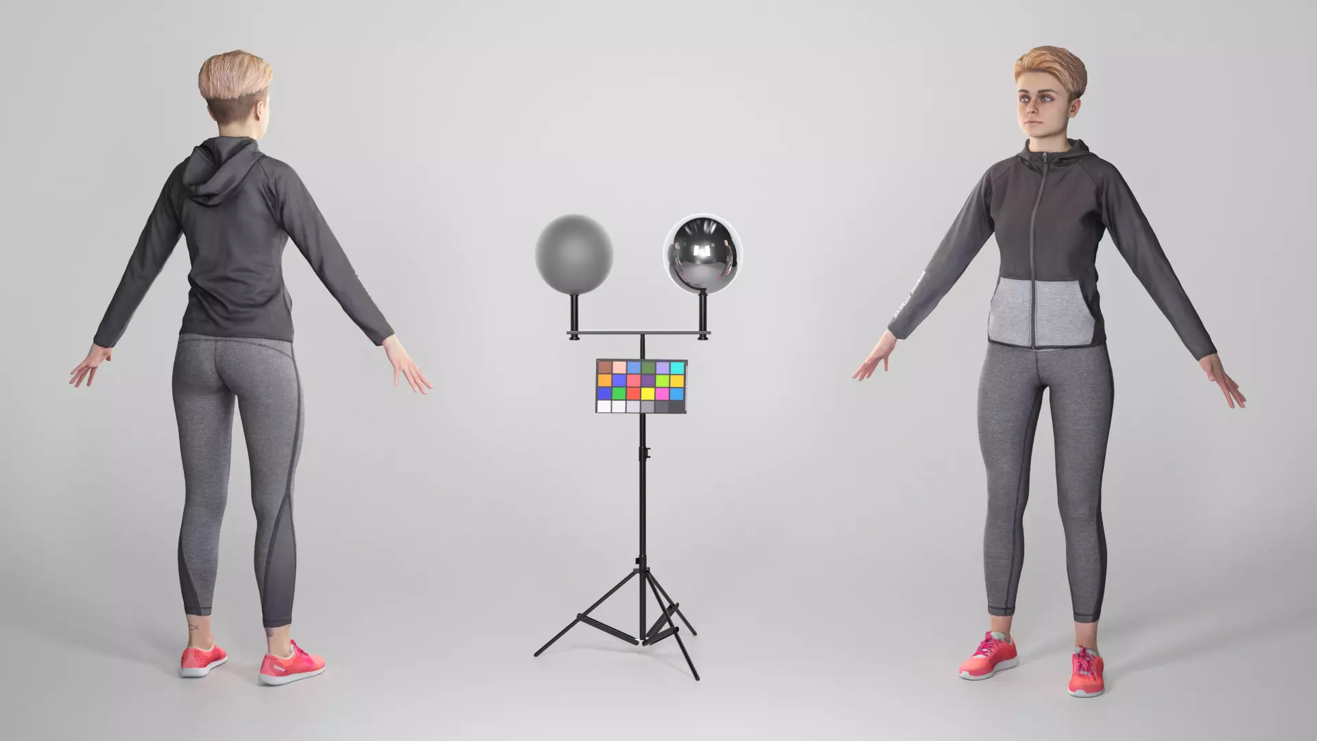 Beautiful young woman in gray sportwear in A-pose 315 Low-poly 3D model_0