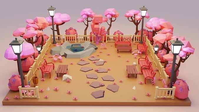 low poly fantasy pink japanese garden scene Low-poly 3D model Low-poly 3D model