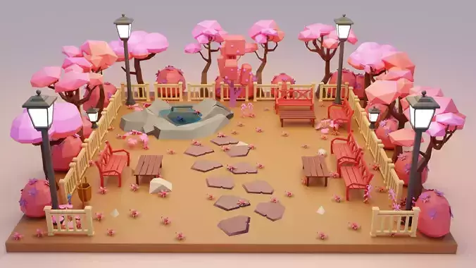 low poly fantasy pink japanese garden scene Low-poly 3D model Low-poly 3D model