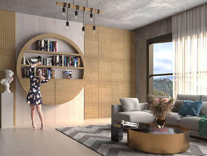 Livingroom living room with circular shelf Low-poly 3D model