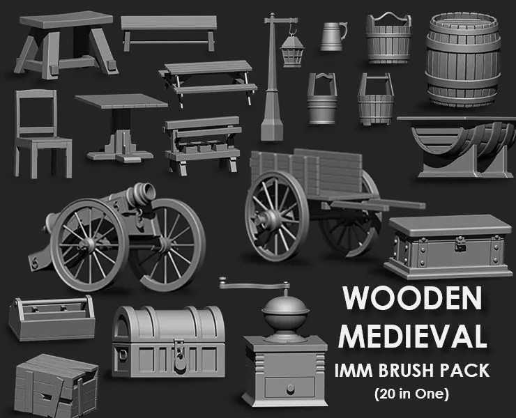 Wooden Medieval Imm Brush Pack 20 in one 3D model