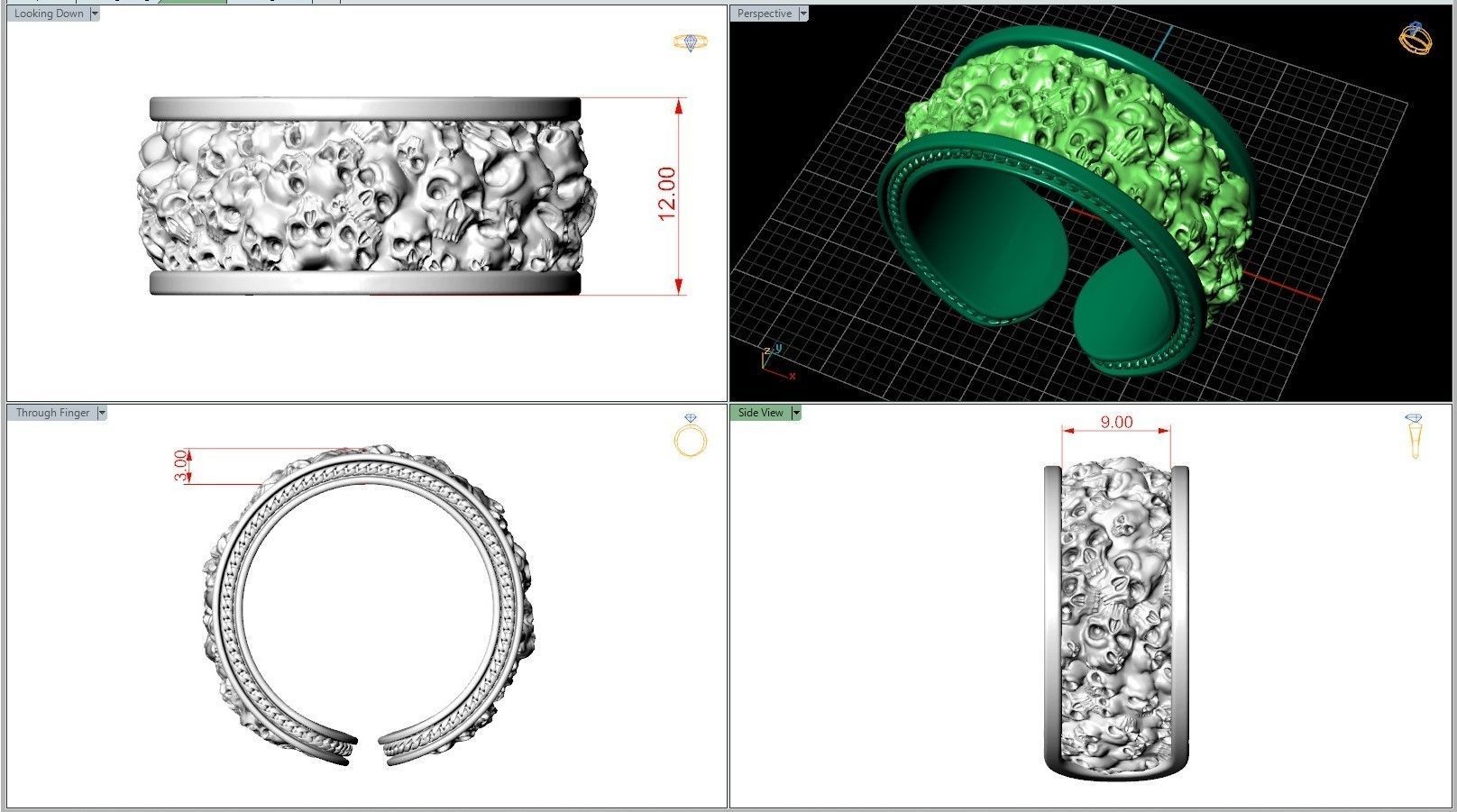 Skull Chain Adjustable Oxidized Silver Ring 3D print model_6