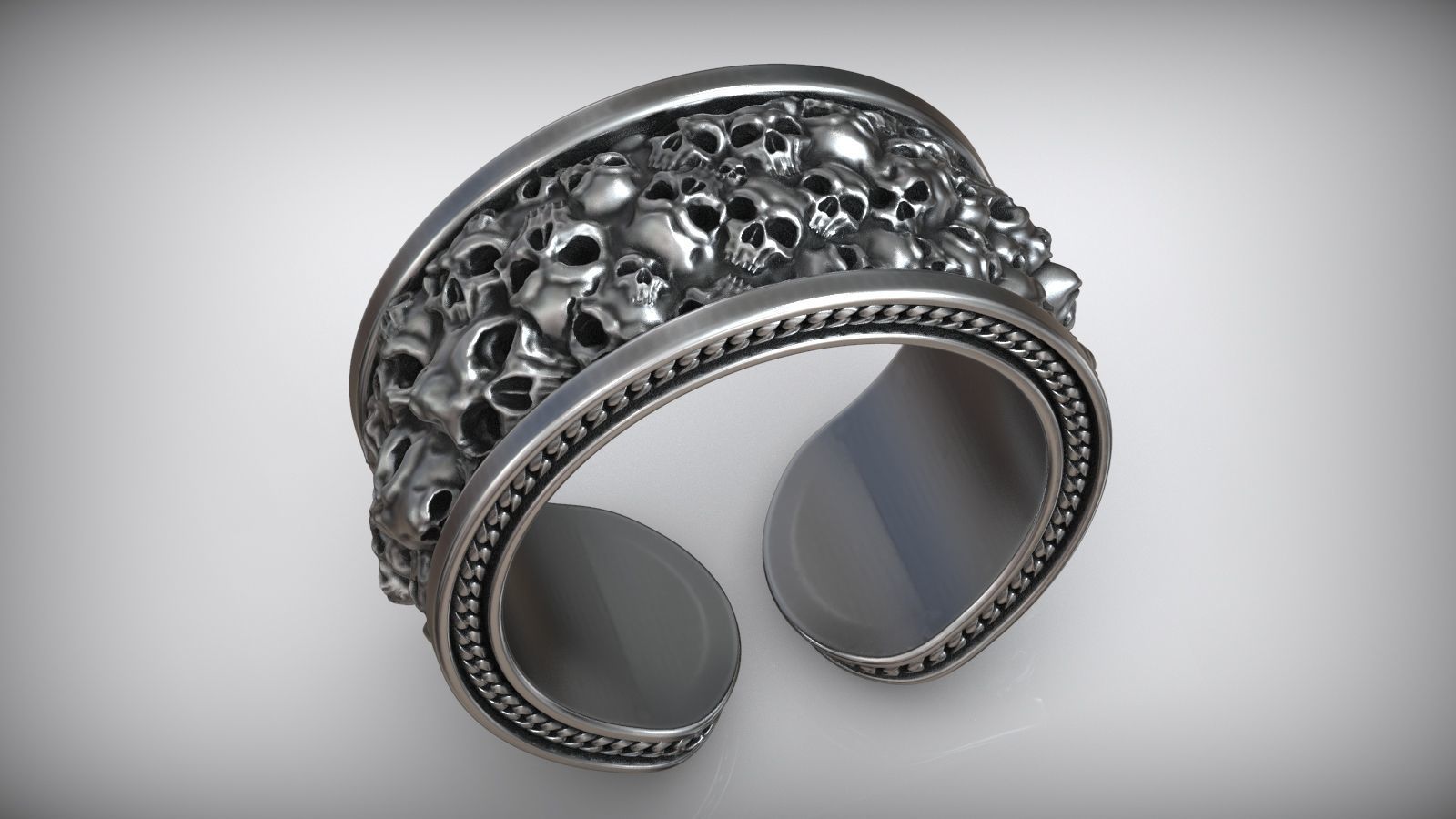 Skull Chain Adjustable Oxidized Silver Ring 3D print model_1