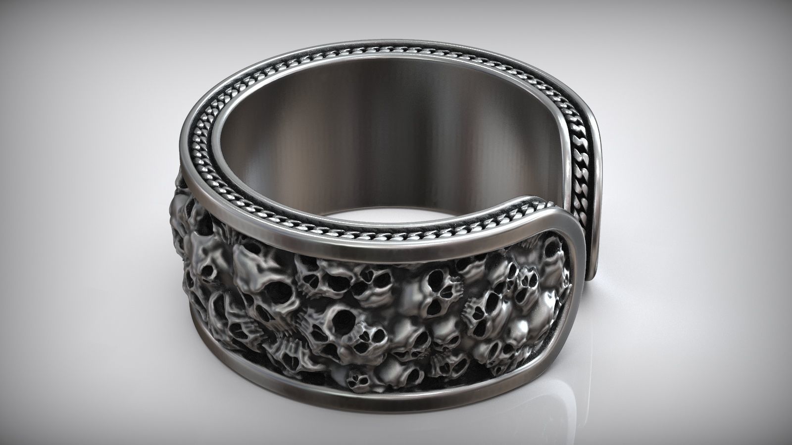 Skull Chain Adjustable Oxidized Silver Ring 3D print model_2
