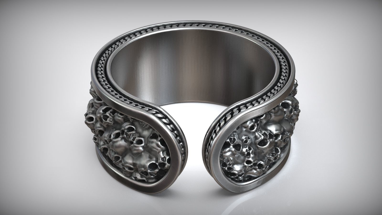 Skull Chain Adjustable Oxidized Silver Ring 3D print model_3