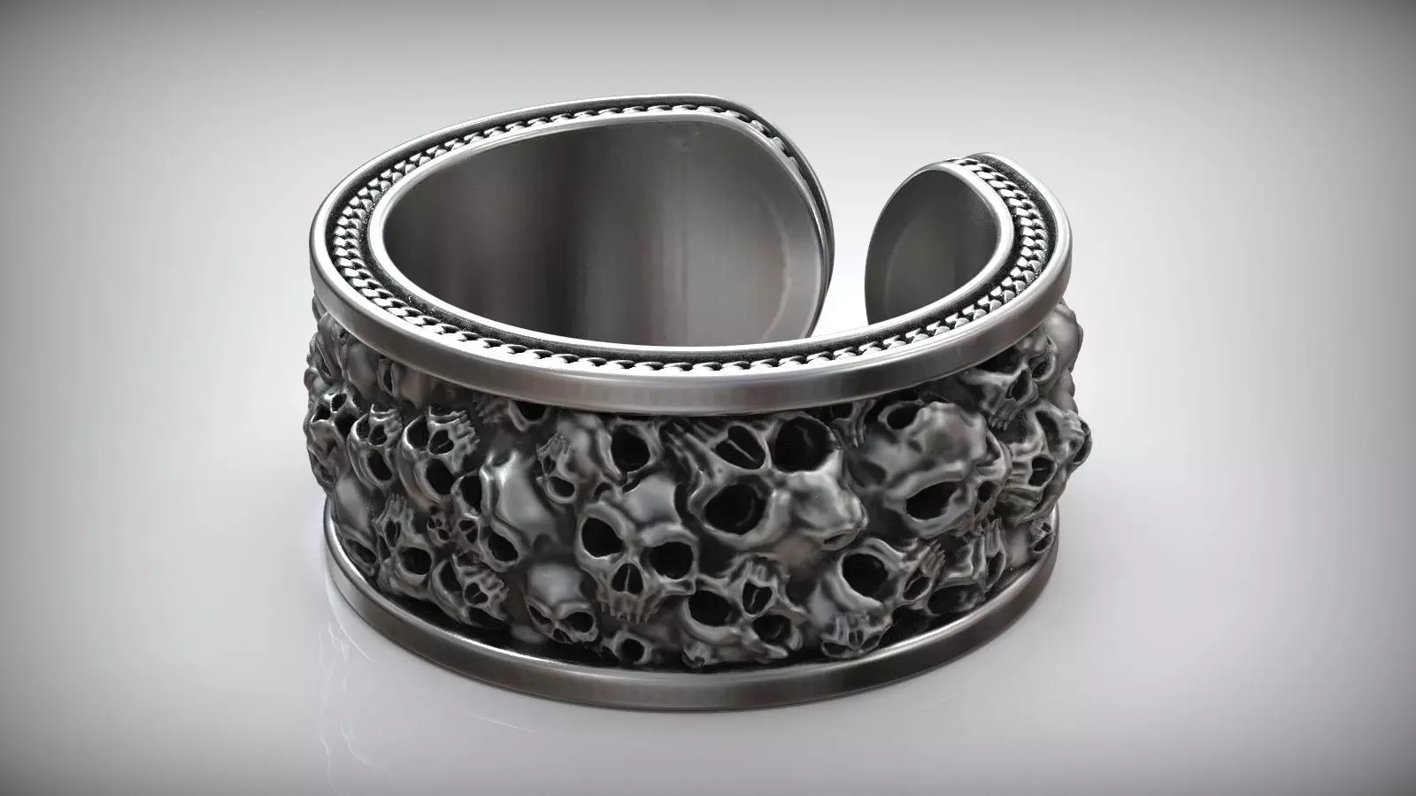 Skull Chain Adjustable Oxidized Silver Ring 3D print model_0