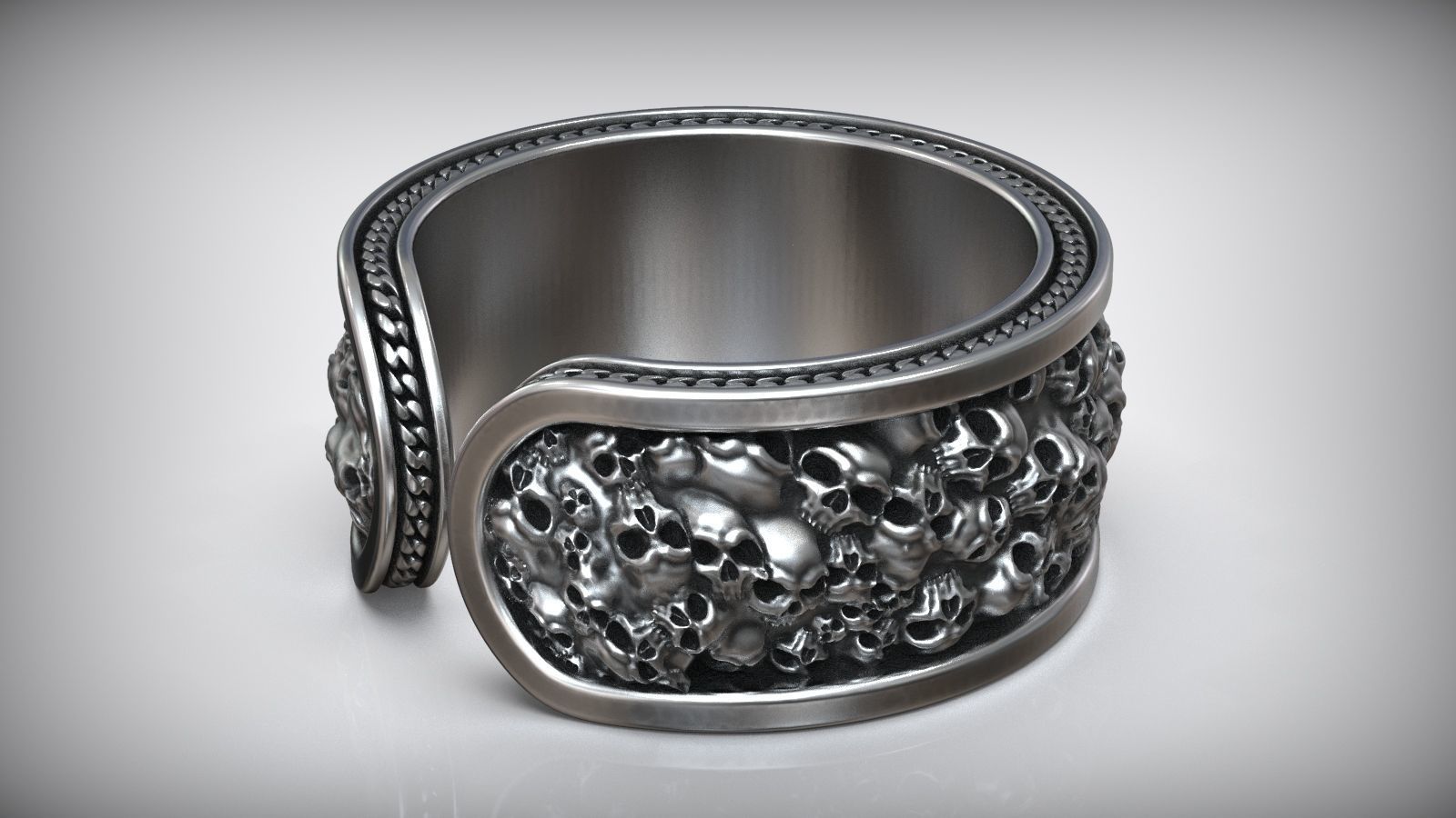 Skull Chain Adjustable Oxidized Silver Ring 3D print model_4