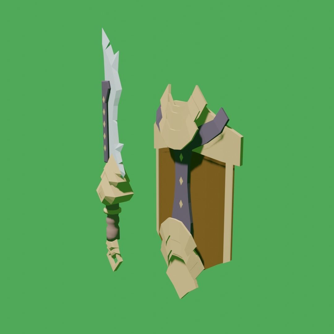 Stylized low-poly sword and shield ready for games Low-poly 3D model_1