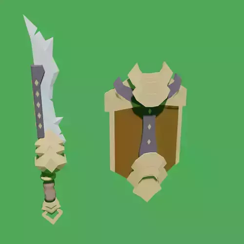 Stylized low-poly sword and shield ready for games
