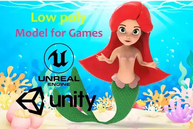 Mermaid Cartoon Rigged Low-poly 3D model