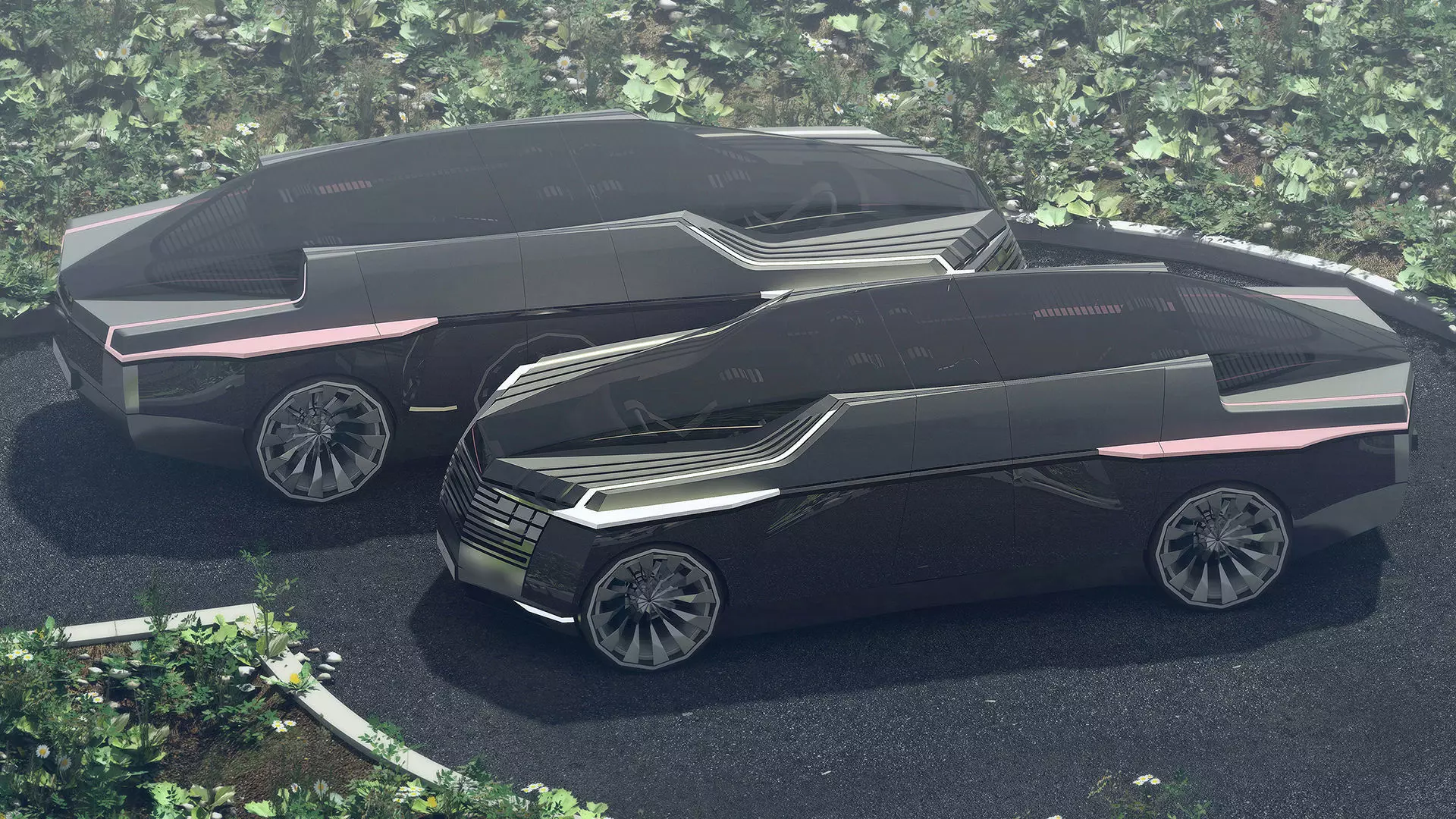 Limousine two futuristic cars parked on side of road Free 3D model