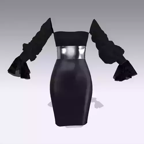 DRESS BLACK SMALL WATERMELON SLEVEE RUFFLED METALIC BELT LOOK