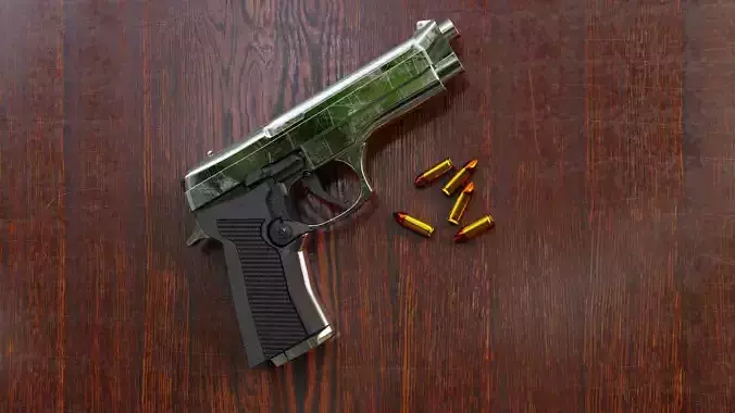 Pistol gun and bullets on wooden table