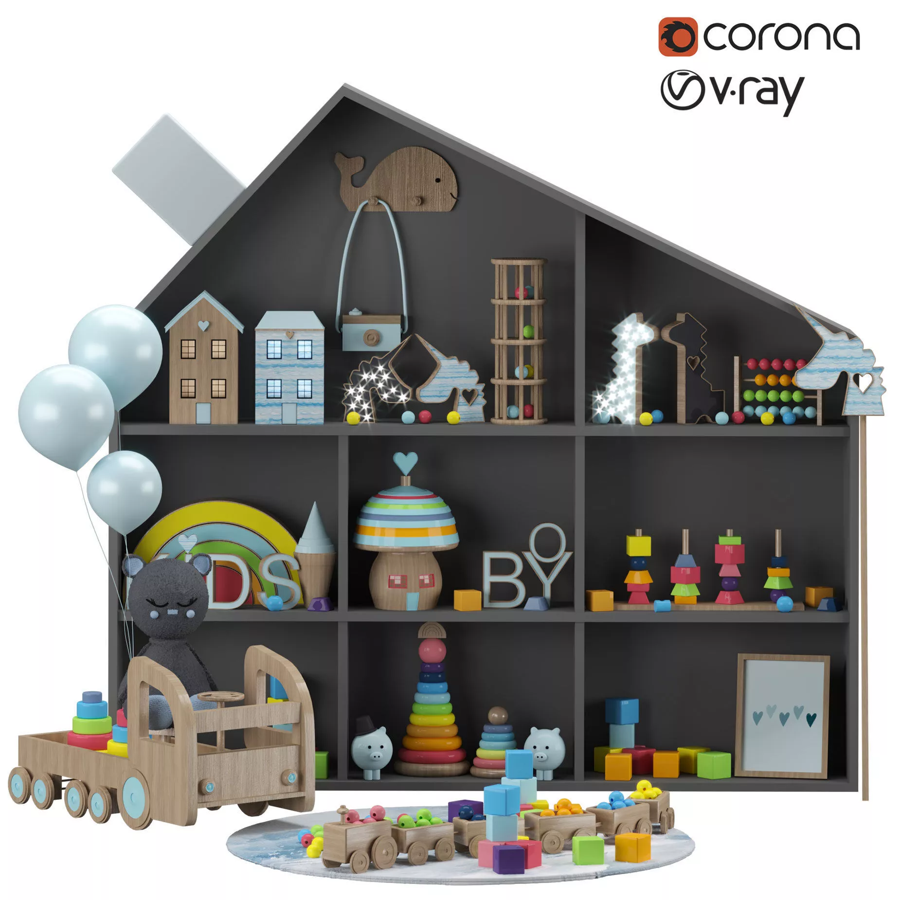 beares and toy shelves Low-poly 3D model