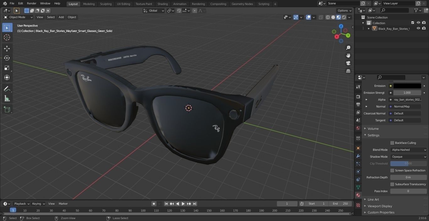 Black Ray Ban Stories Wayfarer Smart Glasses Green Solid 3D model_30