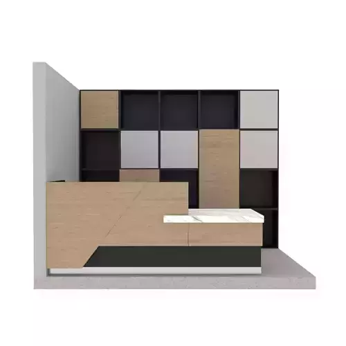 reception desk with shelves