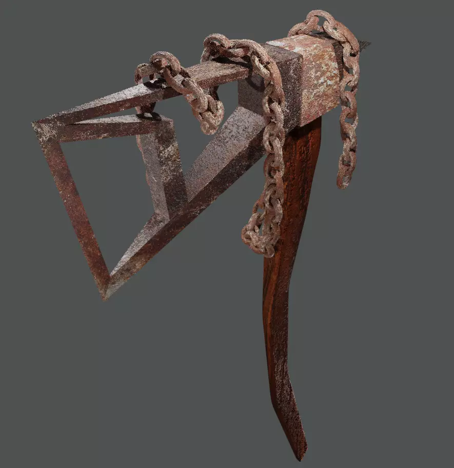 Stylized ax with a rusty chain 3D model_0