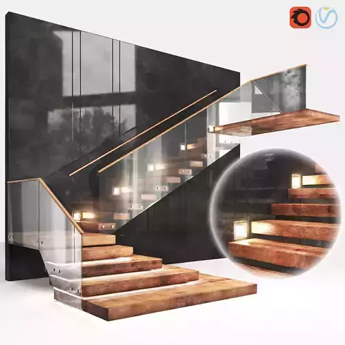 staircase02 wooden staircase with glass railings 3D model