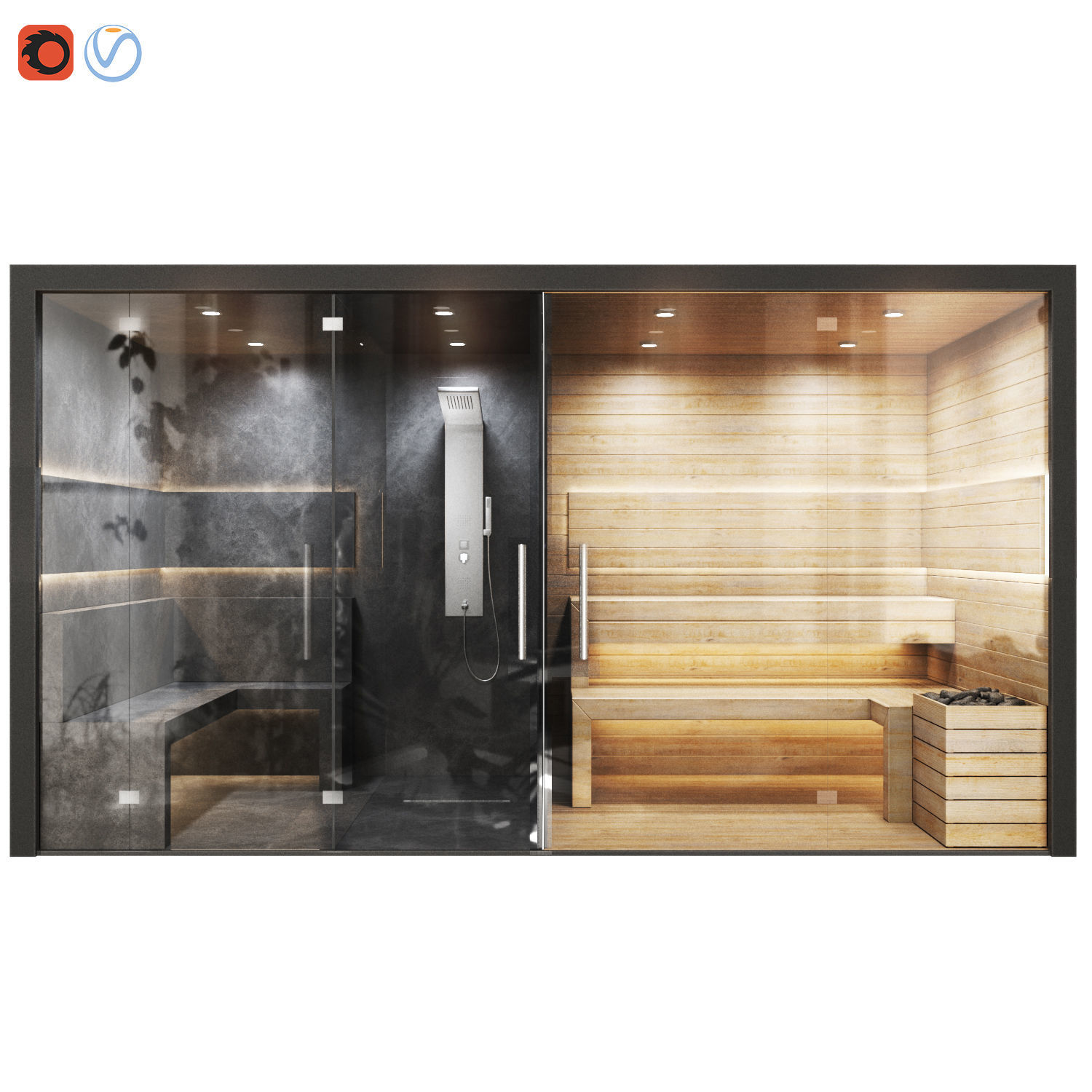sauna room with two different views 3D model_3