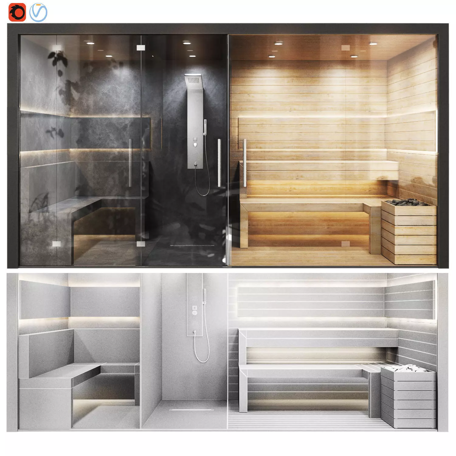 sauna room with two different views 3D model_0