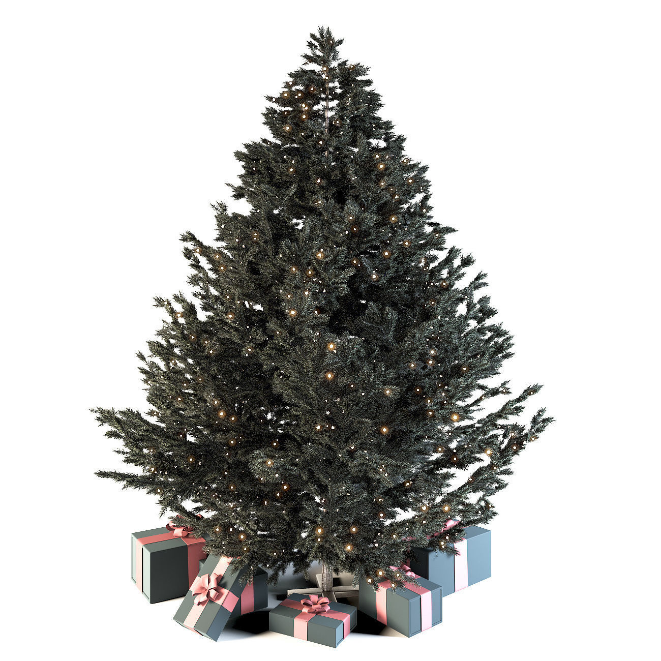 Dark christmas tree with boxes and garland 3D model_1
