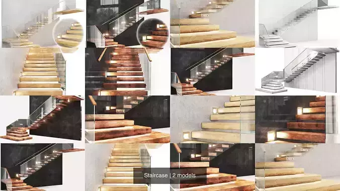 Staircase with glass railings 3D Model Collection