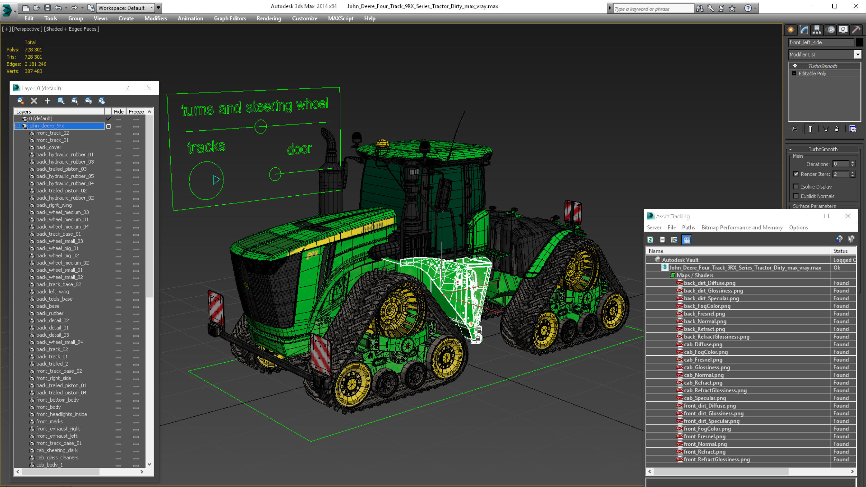 John Deere Four Track 9RX Series Tractor Dirty Rigged 3D model_35