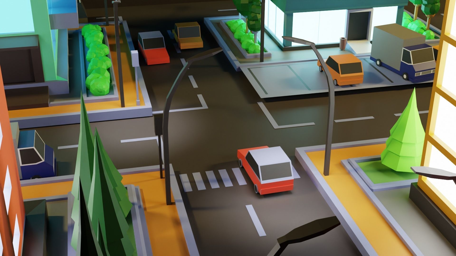 Low Poly Town city with buildings and cars Low-poly 3D model_2