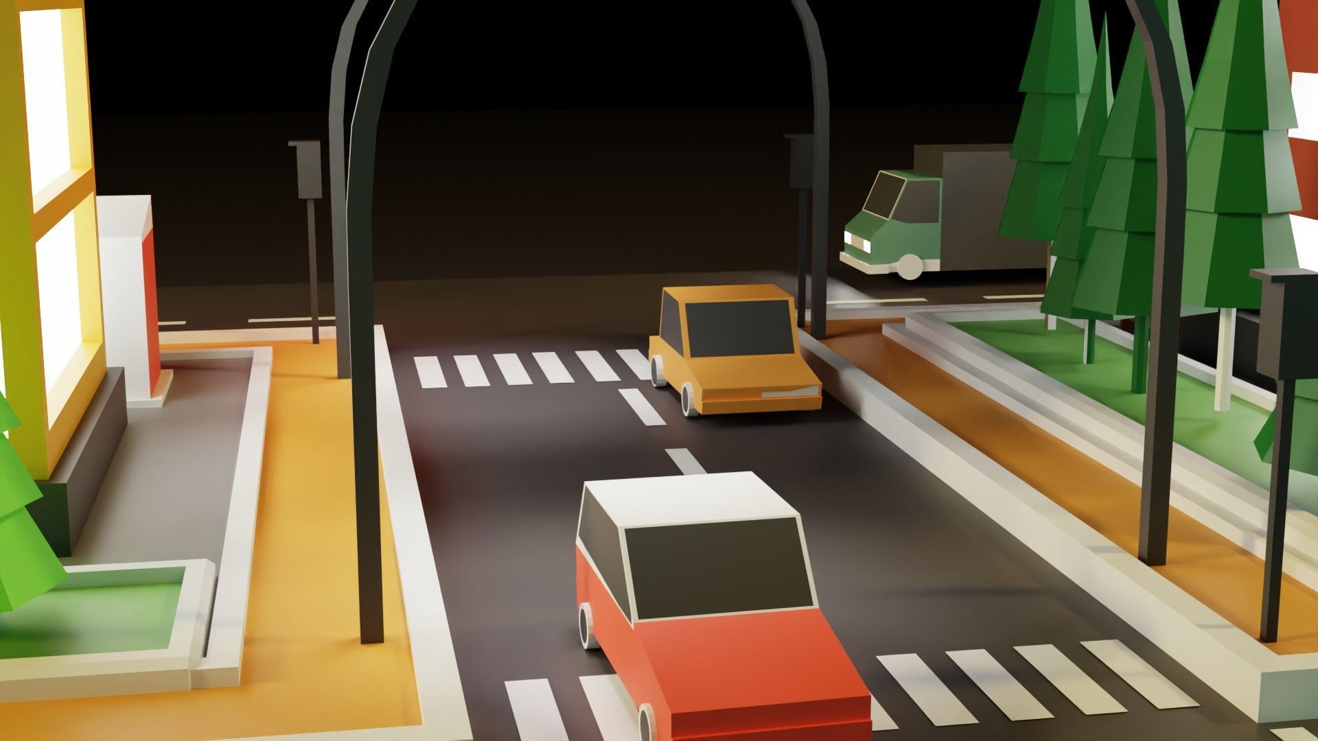 Low Poly Town city with buildings and cars Low-poly 3D model_5