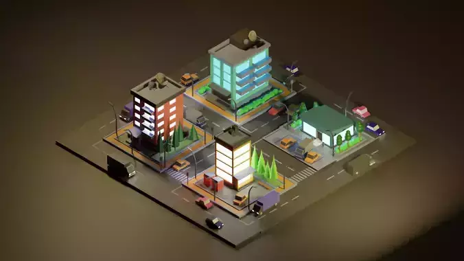Low Poly Town city with buildings and cars