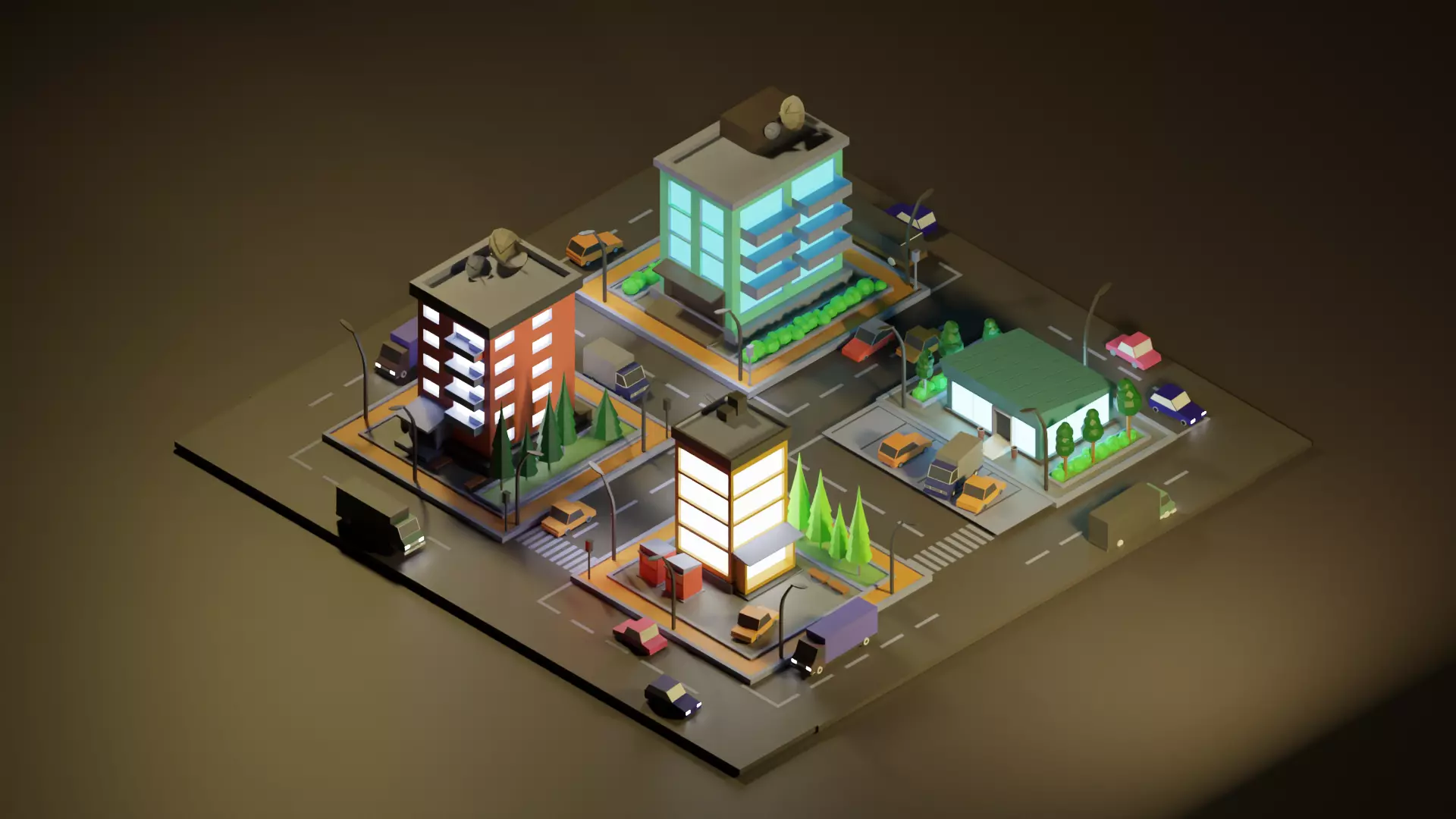 Low Poly Town city with buildings and cars Low-poly 3D model_0