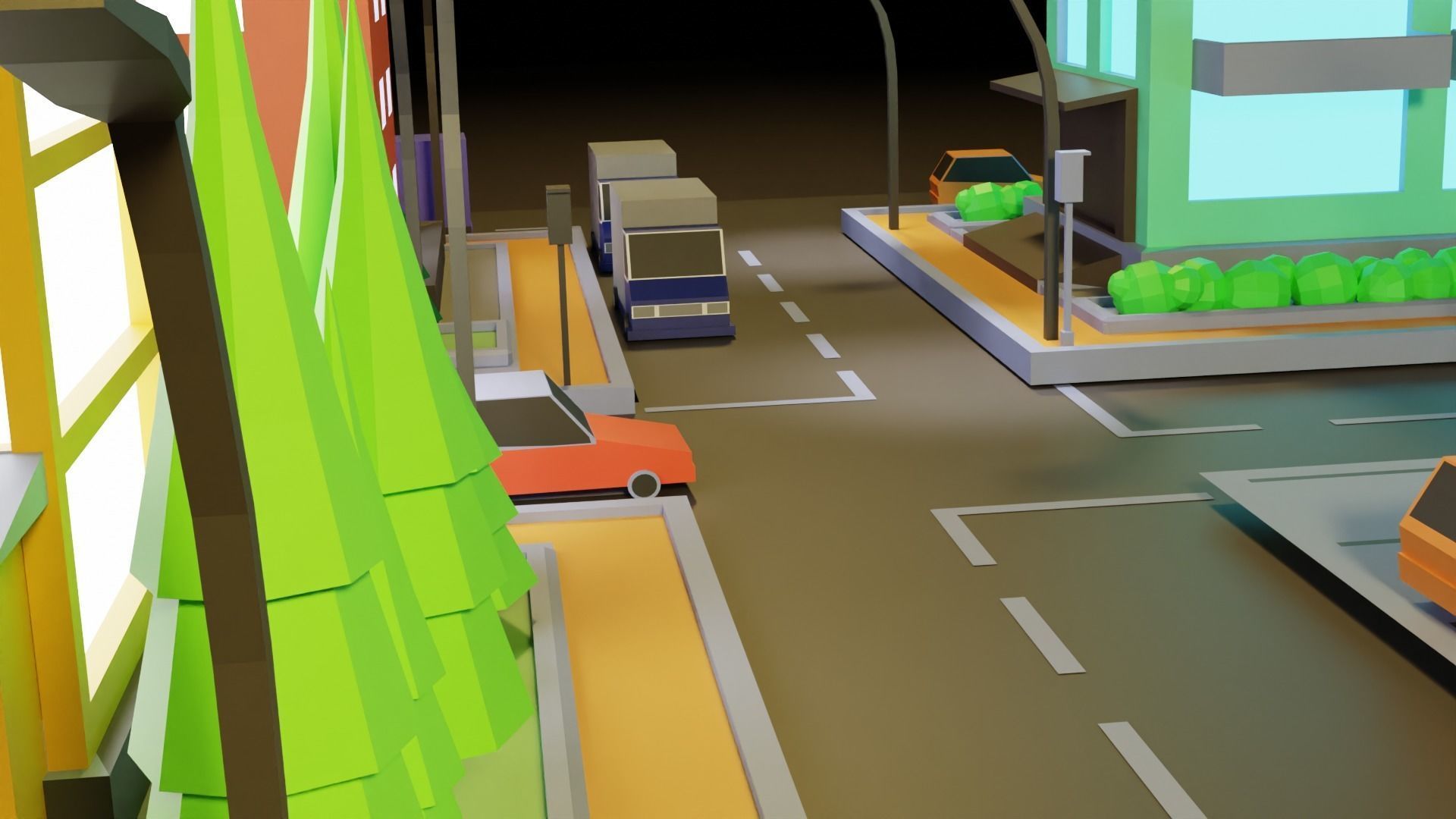 Low Poly Town city with buildings and cars Low-poly 3D model_3