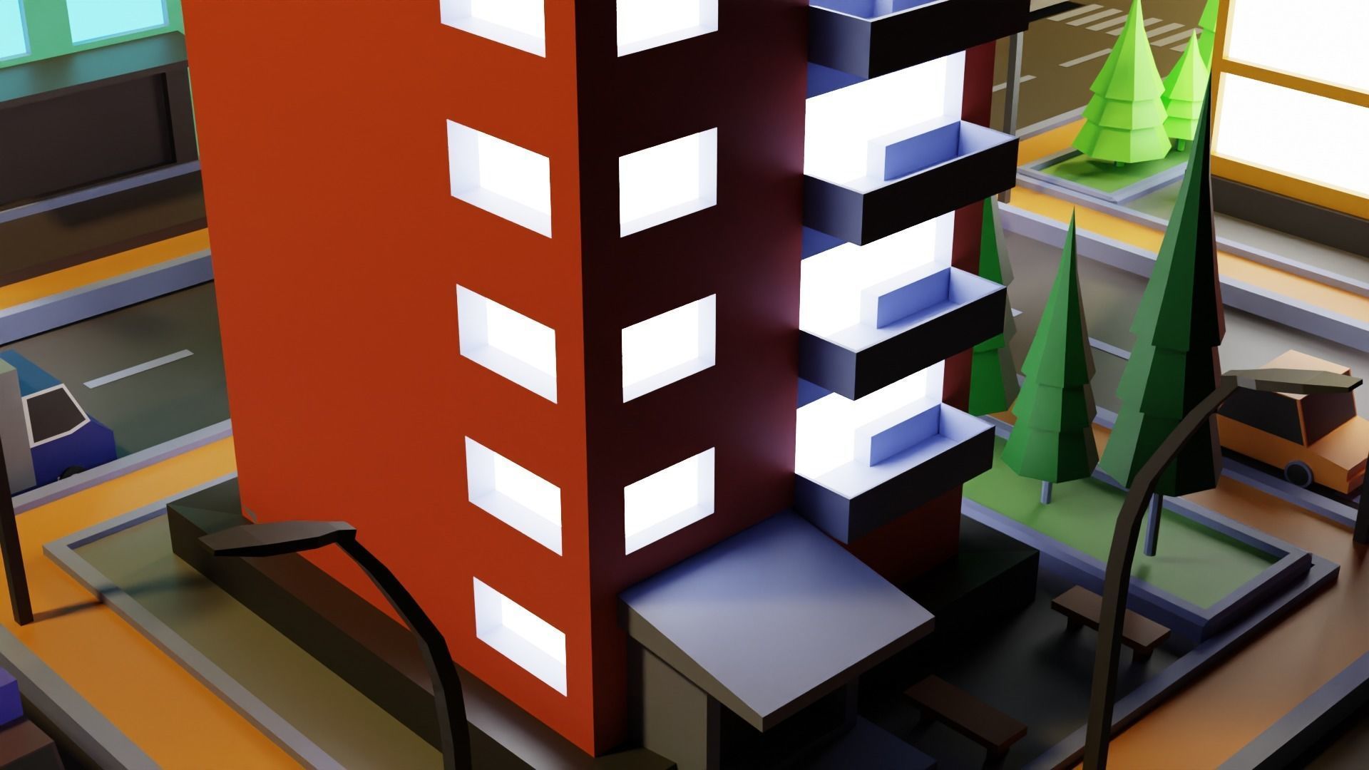Low Poly Town city with buildings and cars Low-poly 3D model_1