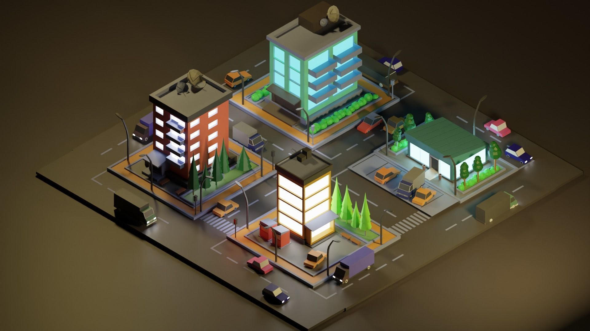 Low Poly Town city with buildings and cars Low-poly 3D model_4