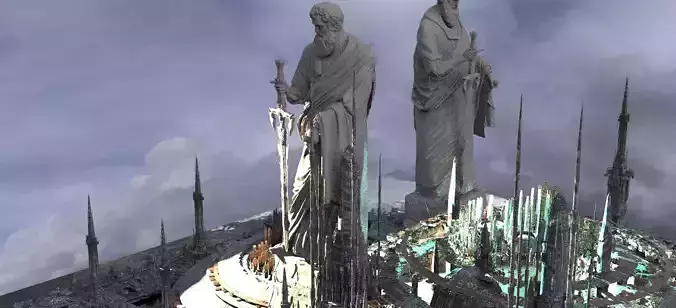 Zeus King of the Gods Statues With Sci fi Towers and Domes