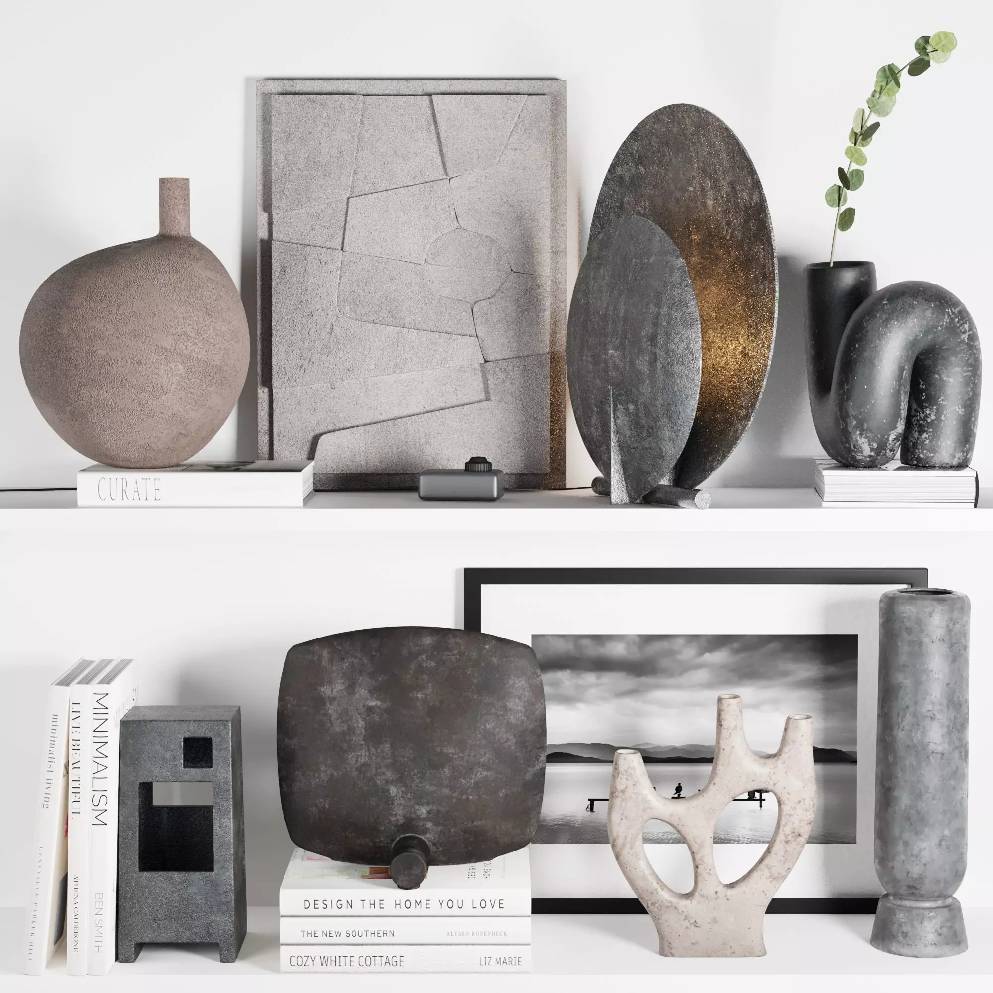 Decorative set 8 vases and sculptures on shelf 3D model_0