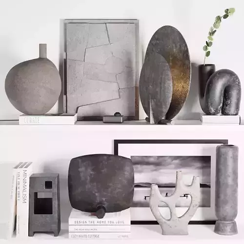 Decorative set 8 vases and sculptures on shelf 3D model