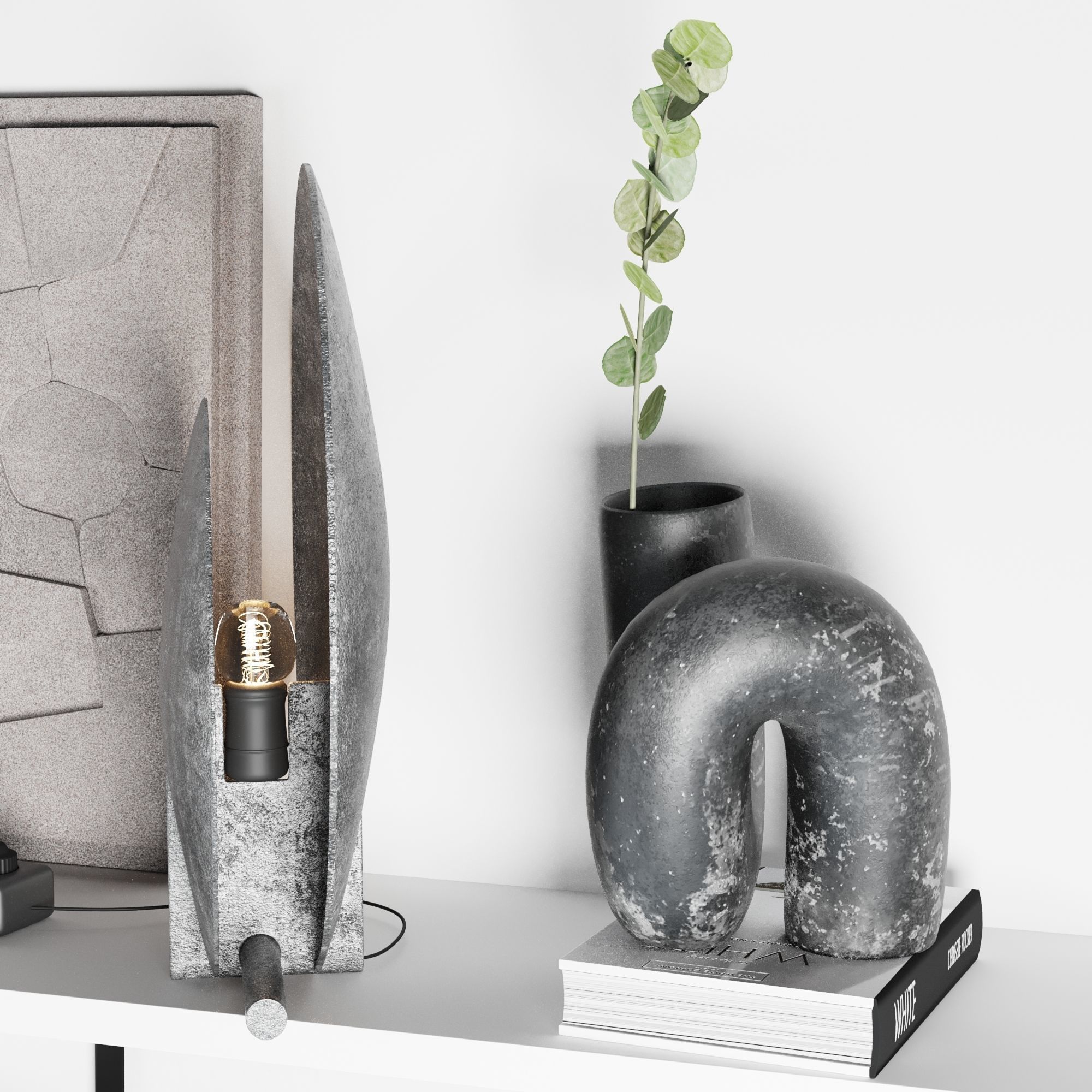 Decorative set 8 vases and sculptures on shelf 3D model_2