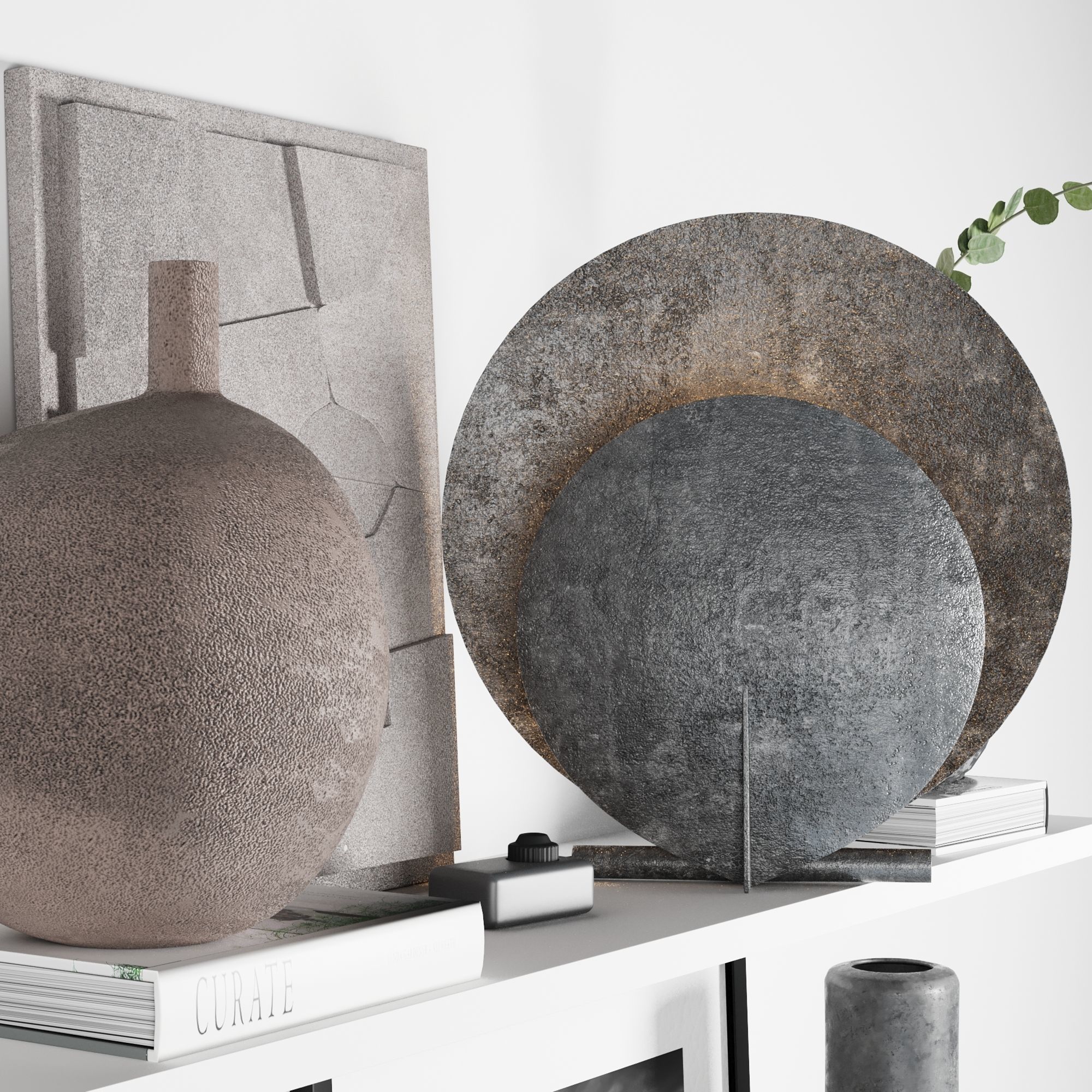 Decorative set 8 vases and sculptures on shelf 3D model_4