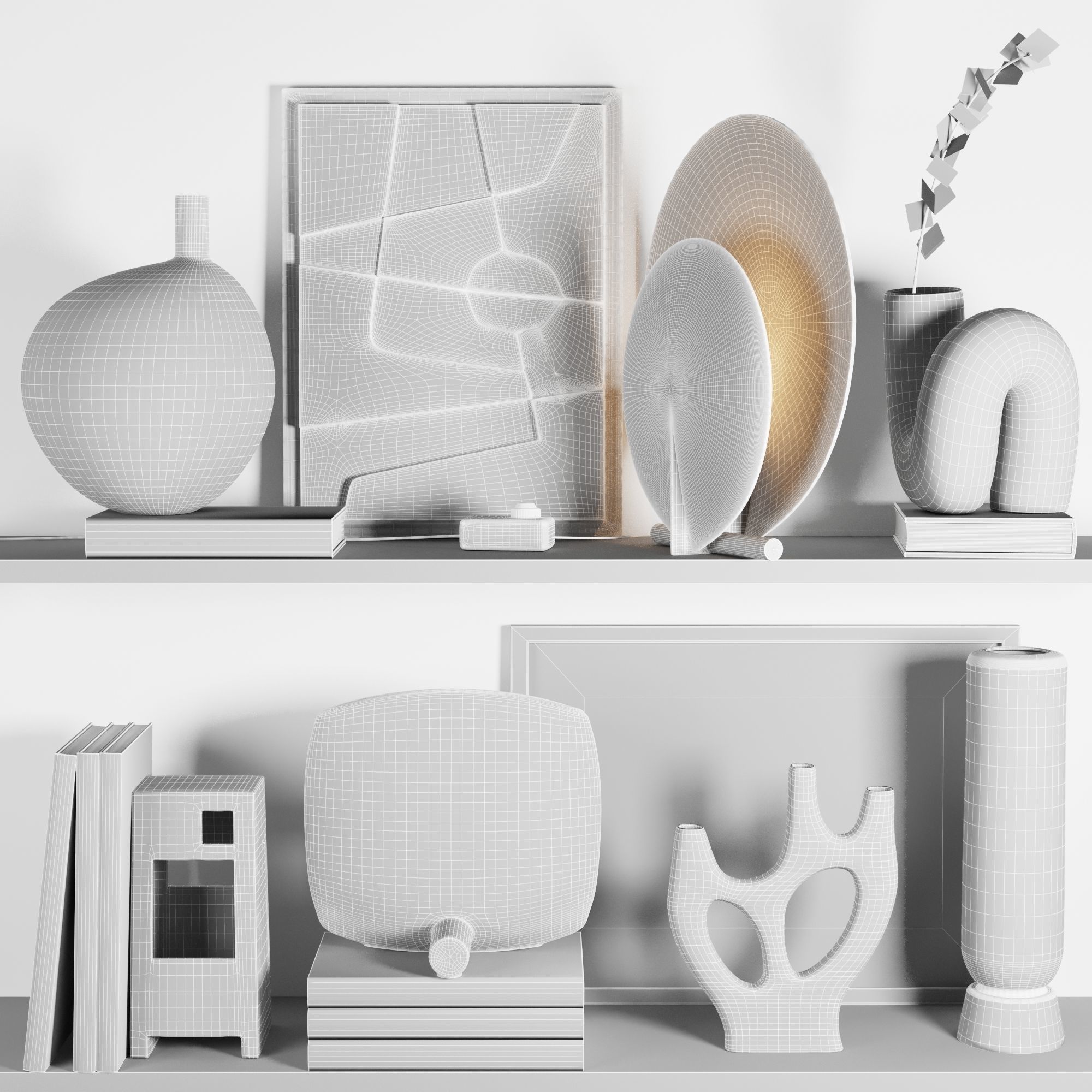 Decorative set 8 vases and sculptures on shelf 3D model_5