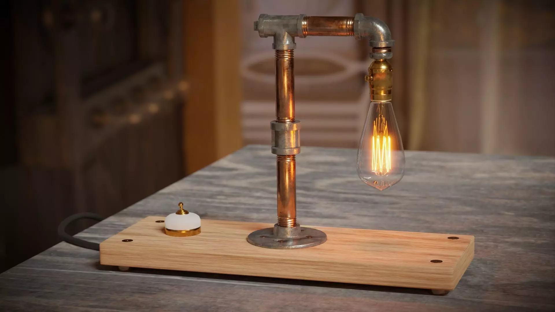 Steampunk Pipe Lamp with LED light bulb 3D model_0