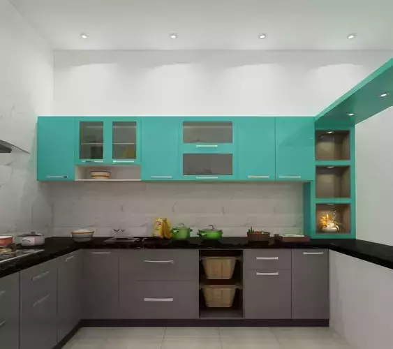 kitchen with turquoise cabinets and counter tops