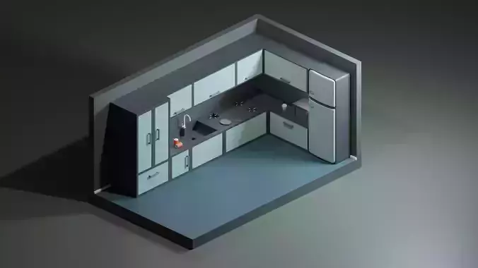 Low-poly kitchen with sink and refrigerator