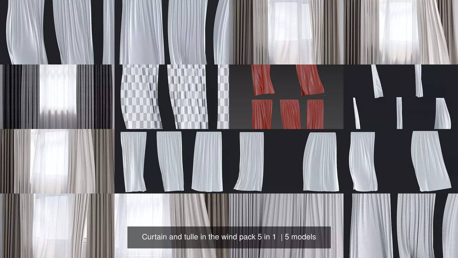Curtain and tulle in the wind pack 5 in 1  3D Model Collection_0