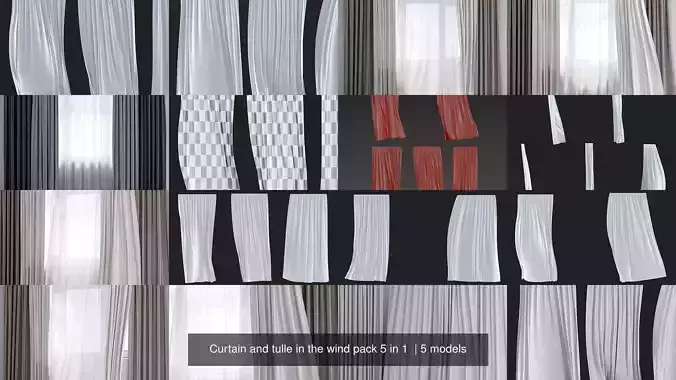 Curtain and tulle in the wind pack 5 in 1  3D Model Collection