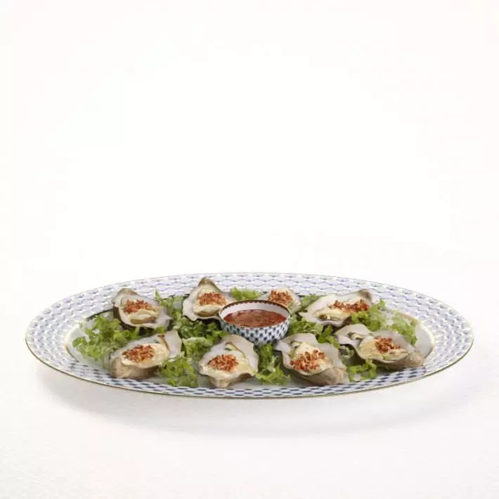 Oysters In Half Shell On Porcelain Plate 3D model_0