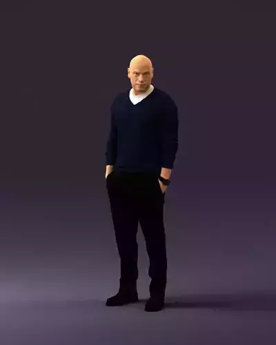 Man in blue sweater hand in pockets 0844