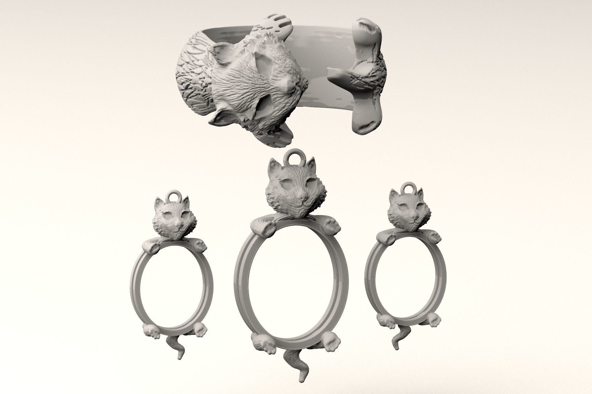 Cat Set S 06 pendant ring and earring 3D print model_8