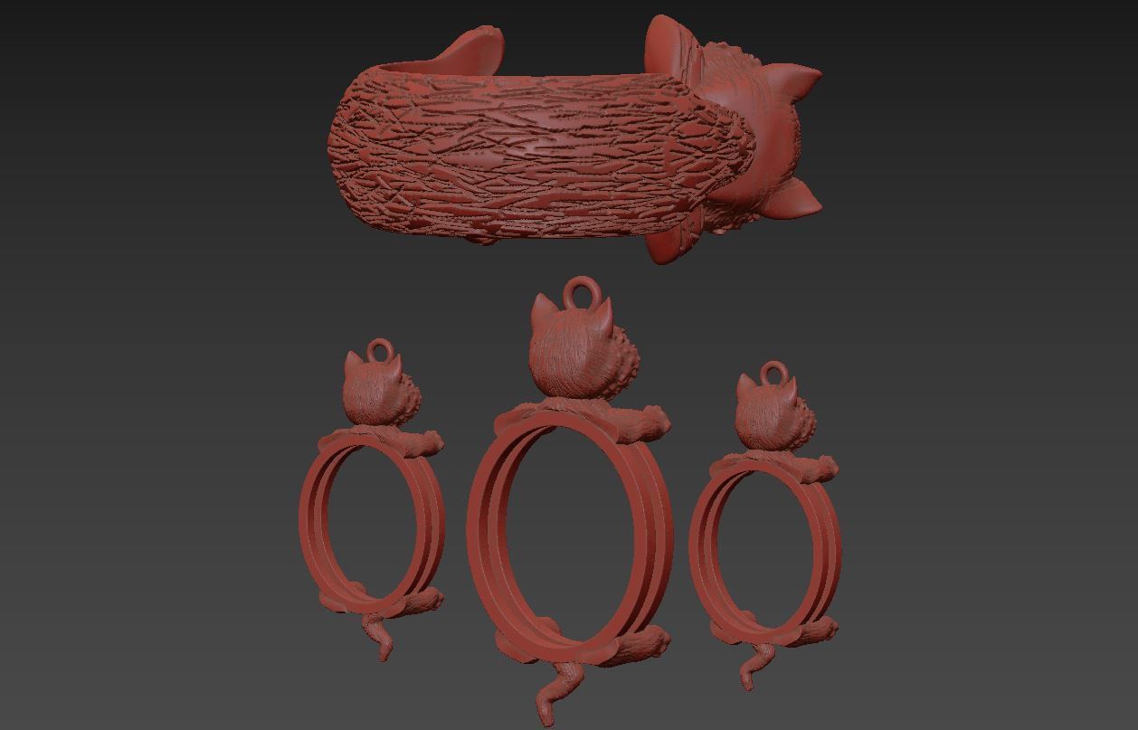 Cat Set S 06 pendant ring and earring 3D print model_12