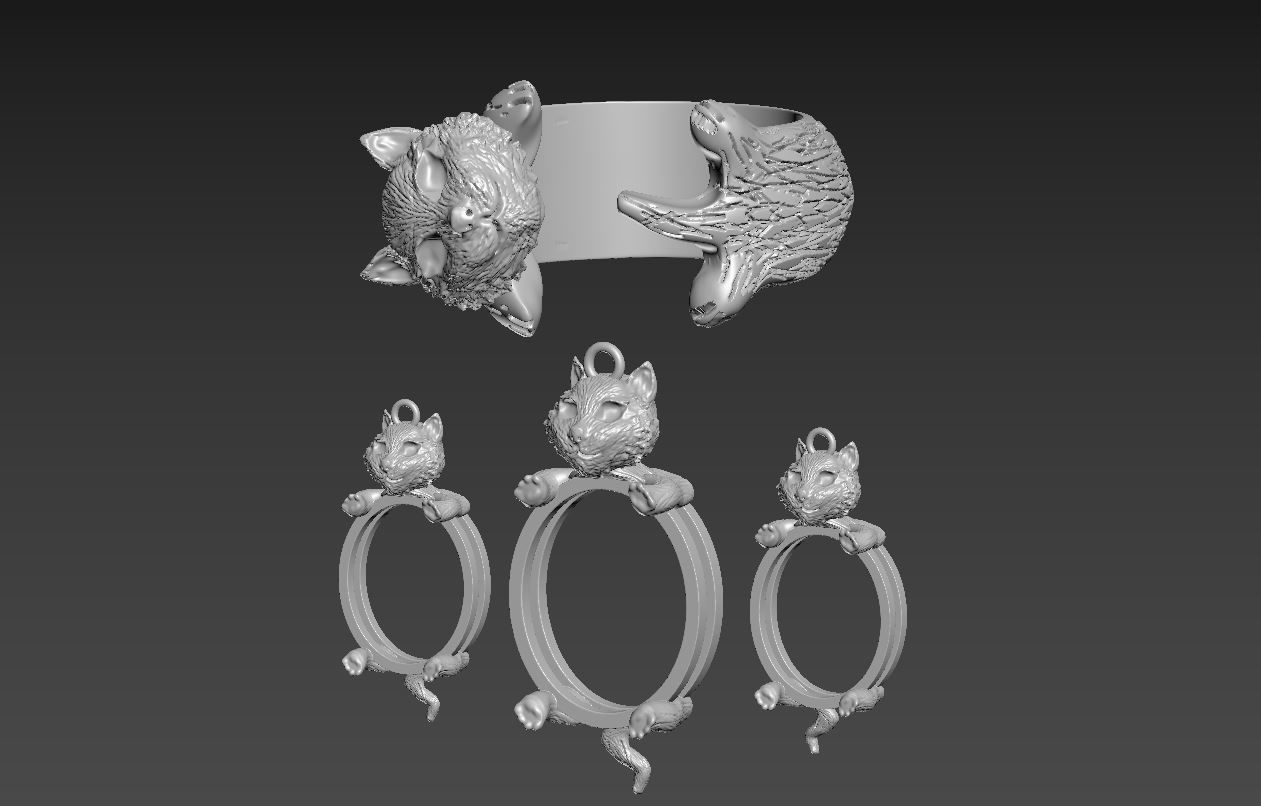 Cat Set S 06 pendant ring and earring 3D print model_13